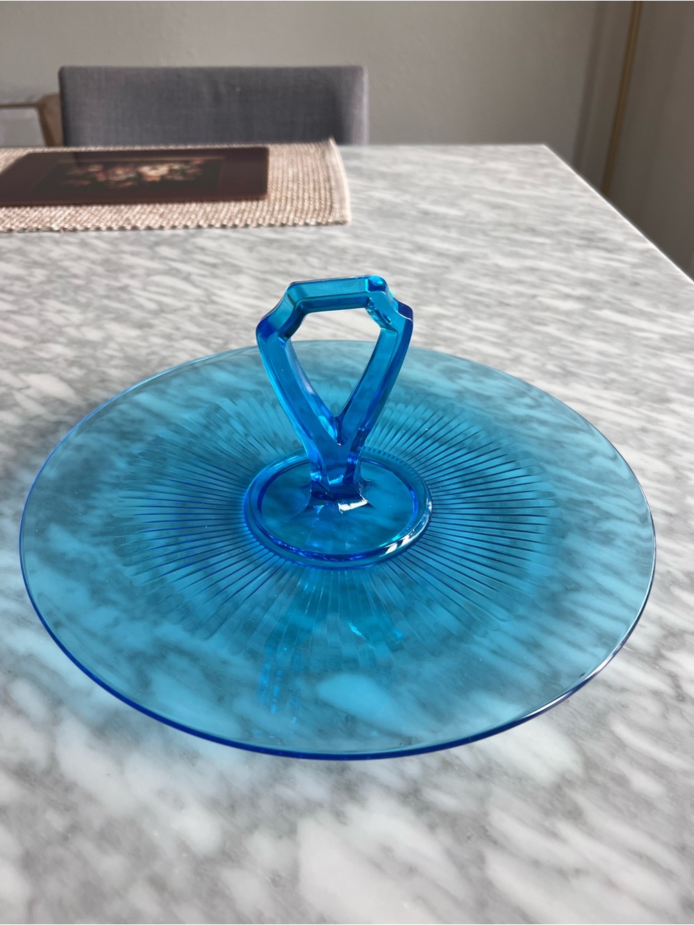 Vintage Blue Glass Serving Stand with Center Handle